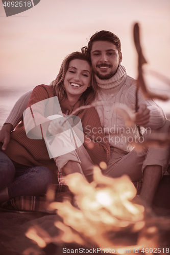 Image of Group Of Young Friends Sitting By The Fire at beach