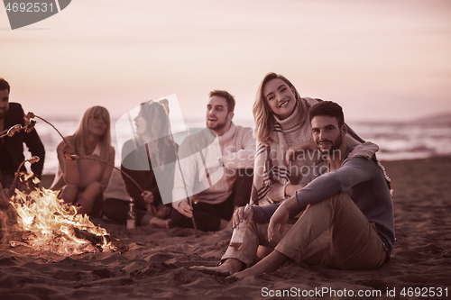 Image of Group Of Young Friends Sitting By The Fire at beach