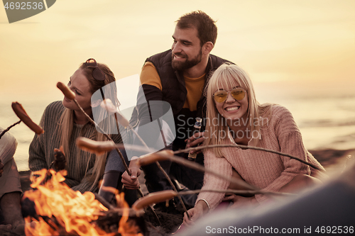 Image of Group Of Young Friends Sitting By The Fire at beach