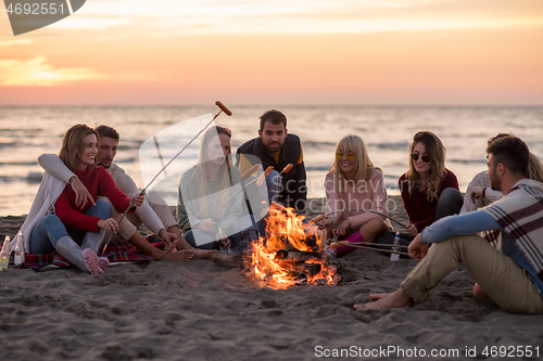 Image of Group Of Young Friends Sitting By The Fire at beach