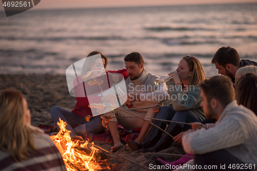 Image of Group Of Young Friends Sitting By The Fire at beach