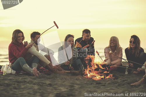 Image of Group Of Young Friends Sitting By The Fire at beach