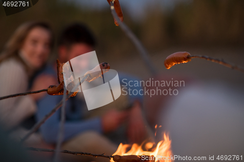 Image of Group Of Young Friends Sitting By The Fire at beach