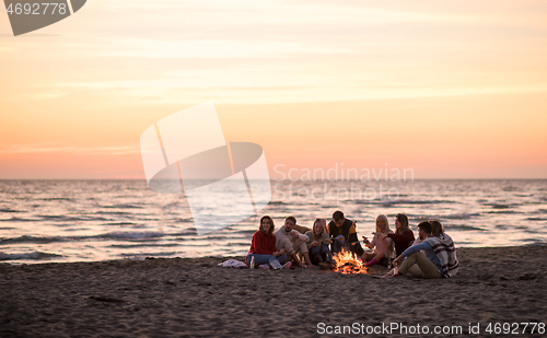 Image of Group Of Young Friends Sitting By The Fire at beach