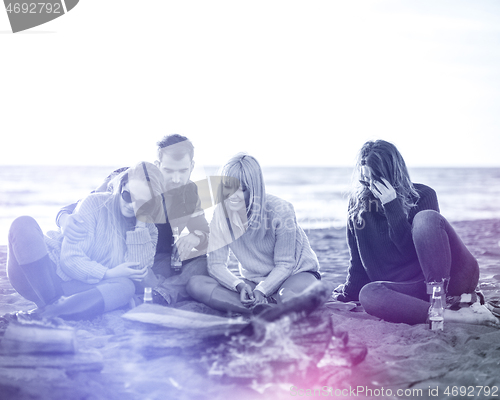 Image of Friends having fun at beach on autumn day