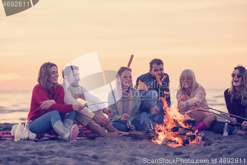 Image of Group Of Young Friends Sitting By The Fire at beach