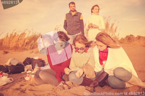 Image of Friends having fun at beach on autumn day