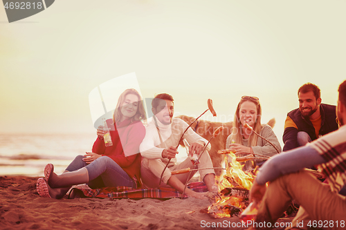 Image of Group Of Young Friends Sitting By The Fire at beach