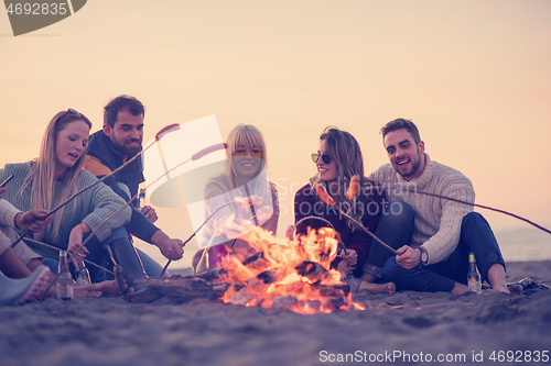 Image of Group Of Young Friends Sitting By The Fire at beach