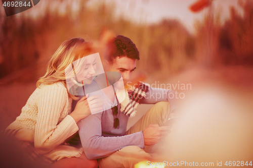 Image of Group Of Young Friends Sitting By The Fire at beach