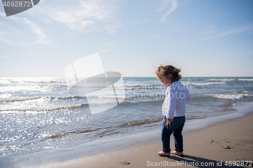 Image of cute little girl at autumn beach