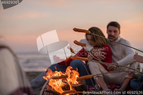 Image of Group Of Young Friends Sitting By The Fire at beach