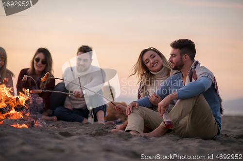 Image of Group Of Young Friends Sitting By The Fire at beach