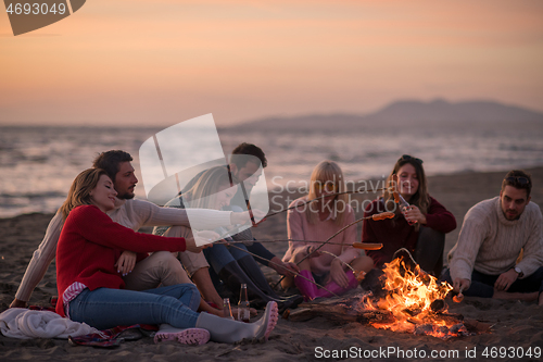 Image of Group Of Young Friends Sitting By The Fire at beach