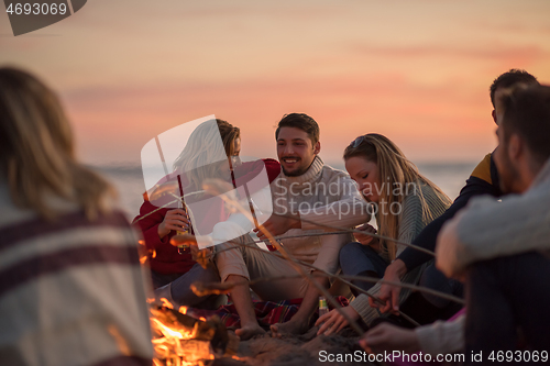 Image of Group Of Young Friends Sitting By The Fire at beach