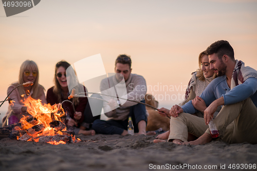 Image of Group Of Young Friends Sitting By The Fire at beach