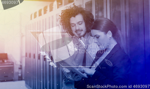 Image of engineer showing working data center server room to female chief