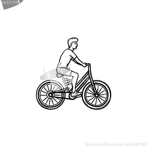 Image of Man riding a bike hand drawn outline doodle icon.