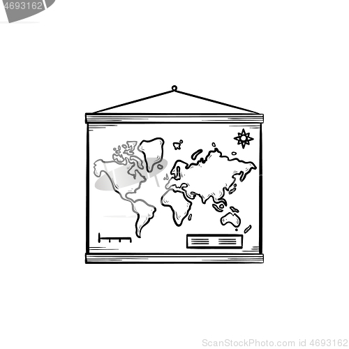 Image of World map hanging on the wall hand drawn outline doodle icon.