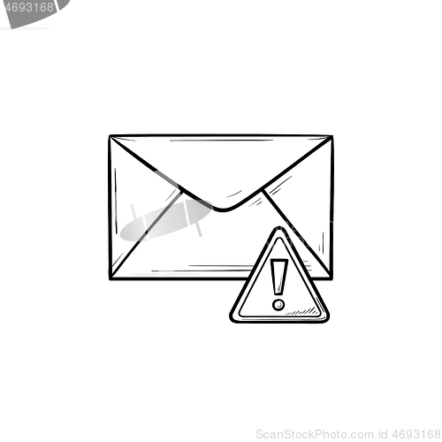 Image of Envelope and exclamation mark hand drawn outline doodle icon.