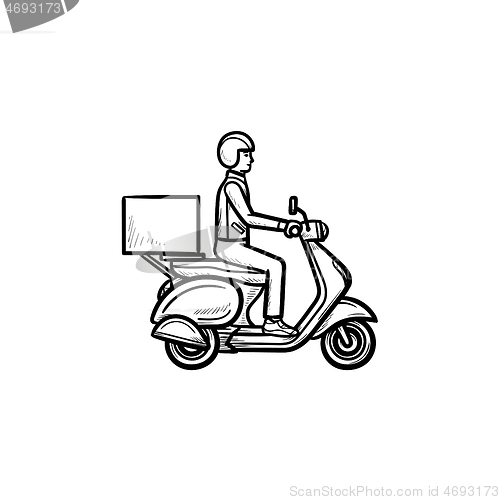 Image of Employee riding delivery bike hand drawn outline doodle icon.