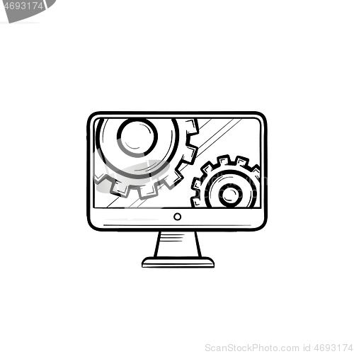 Image of Monitor with gears hand drawn outline doodle icon.