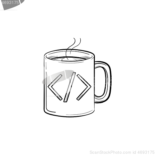 Image of Coffee cup with code sign hand drawn outline doodle icon.