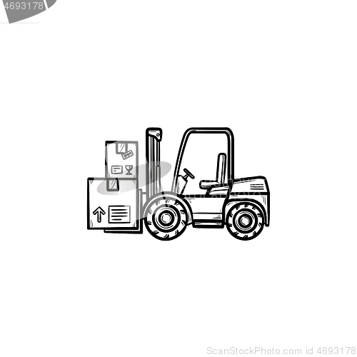 Image of Warehouse forklift truck with cardboard boxes hand drawn outline doodle icon.