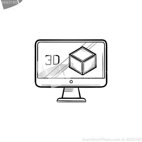 Image of Computer monitor with 3D box hand drawn outline doodle icon.