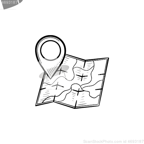 Image of Map with location pin hand drawn outline doodle icon.