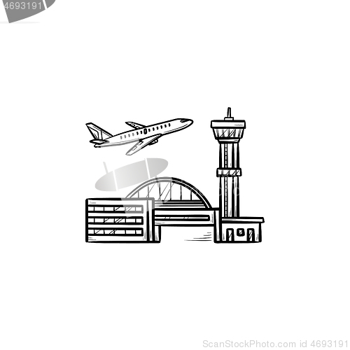 Image of Plane taking off at the airport hand drawn outline doodle icon.