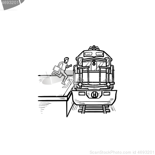 Image of Train station and passenger gets on the train hand drawn outline doodle icon.