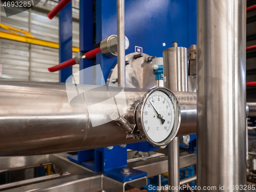 Image of Industrial thermometer on a stainless steel pipe