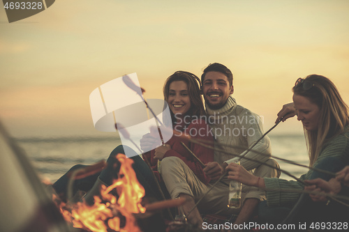 Image of Group Of Young Friends Sitting By The Fire at beach