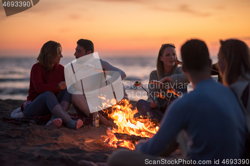 Image of Group Of Young Friends Sitting By The Fire at beach