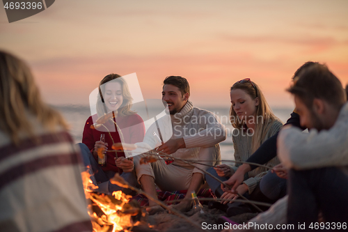 Image of Group Of Young Friends Sitting By The Fire at beach