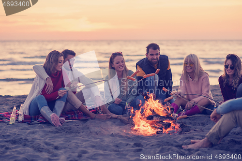 Image of Group Of Young Friends Sitting By The Fire at beach