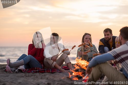 Image of Group Of Young Friends Sitting By The Fire at beach