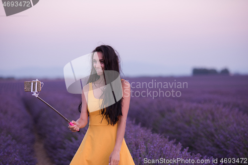 Image of woman in lavender field taking selfie