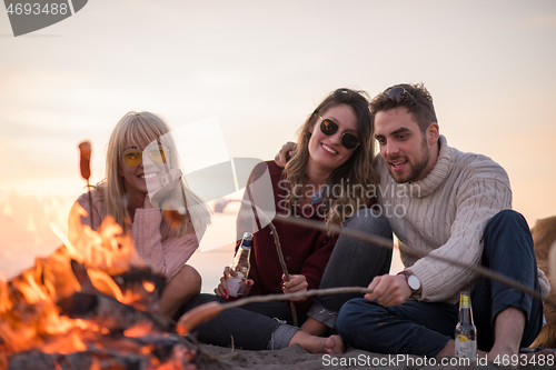 Image of Group Of Young Friends Sitting By The Fire at beach