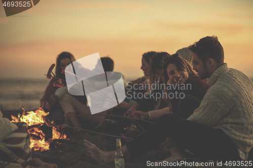 Image of Group Of Young Friends Sitting By The Fire at beach