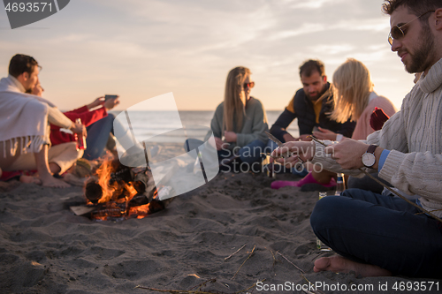 Image of Friends having fun at beach on autumn day