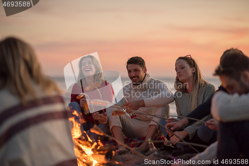 Image of Group Of Young Friends Sitting By The Fire at beach