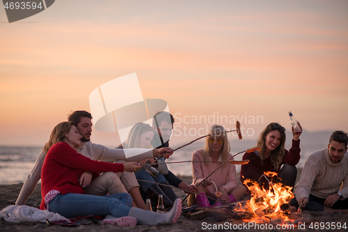 Image of Group Of Young Friends Sitting By The Fire at beach