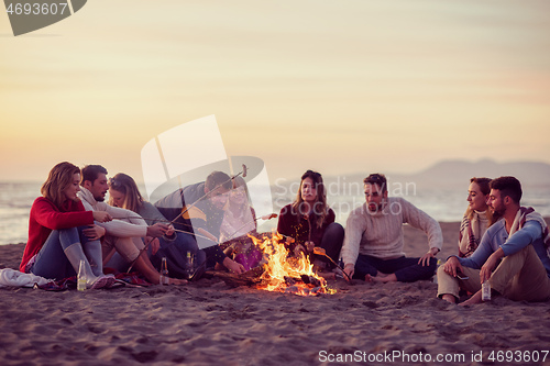 Image of Group Of Young Friends Sitting By The Fire at beach