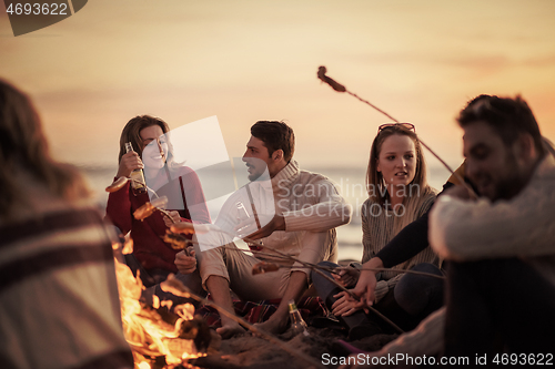 Image of Group Of Young Friends Sitting By The Fire at beach