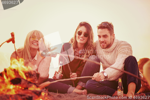 Image of Group Of Young Friends Sitting By The Fire at beach