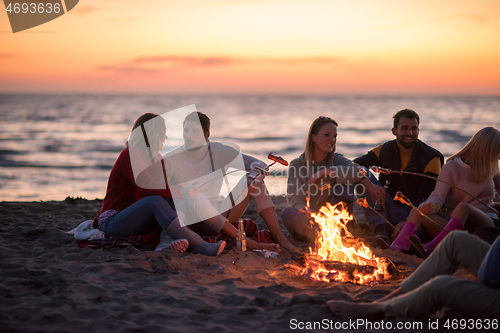 Image of Group Of Young Friends Sitting By The Fire at beach