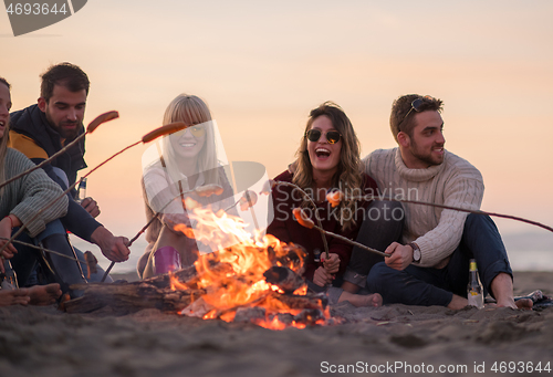 Image of Group Of Young Friends Sitting By The Fire at beach