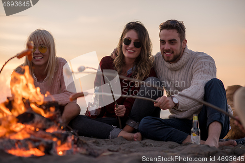 Image of Group Of Young Friends Sitting By The Fire at beach